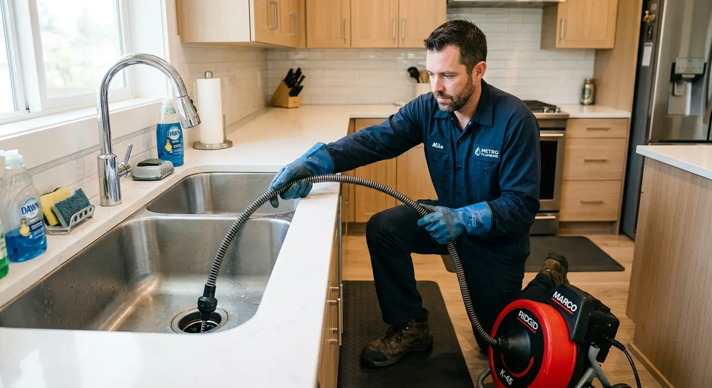Drain cleaning technician using a motorized snake on a kitchen sink in Elmwood Park