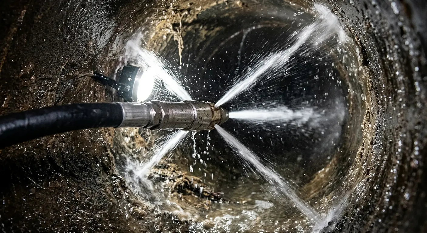 High-pressure hydro jetting nozzle cleaning sewer pipe for Trenchless Sewer Repair in Elmwood Park