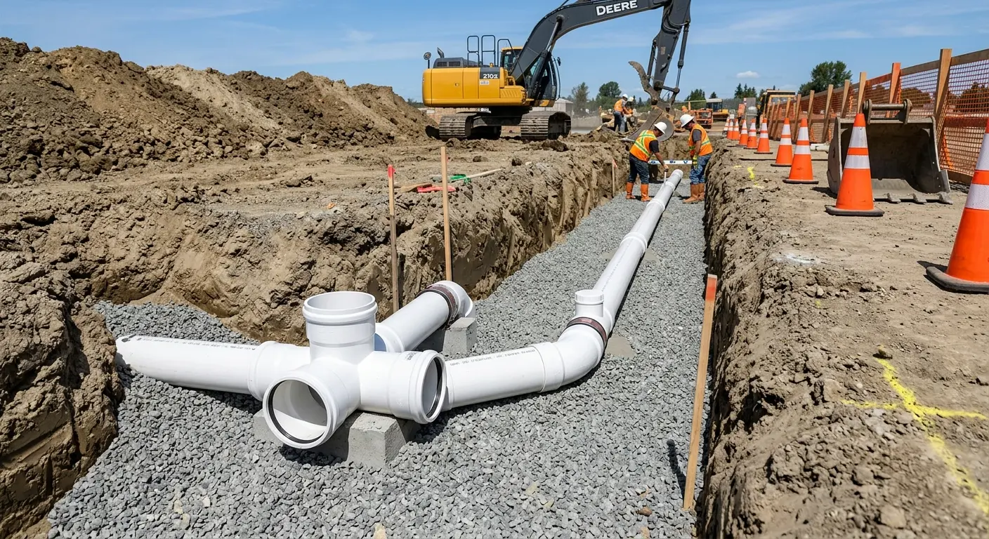New PVC sewer pipe installation in open trench for Commercial Drain Cleaning in Elmwood Park