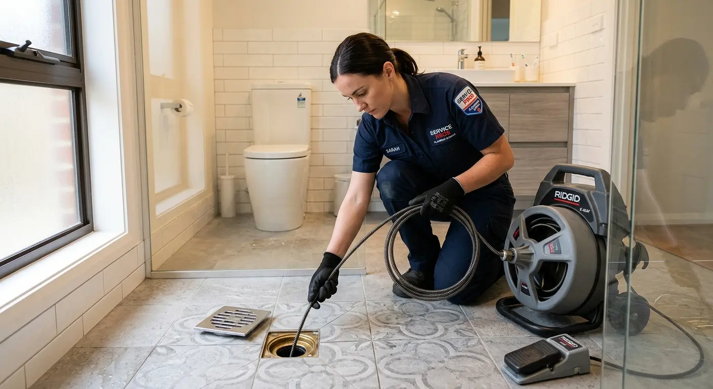 Technician clearing a bathroom floor drain for Clogged Drain Repair in Elmwood Park